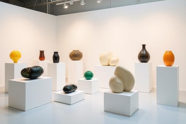 Ein elegant beleuchteter Display-Bereich im Studio mit fertigen Glas- und Keramikskulpturen auf minimalistischen Podesten