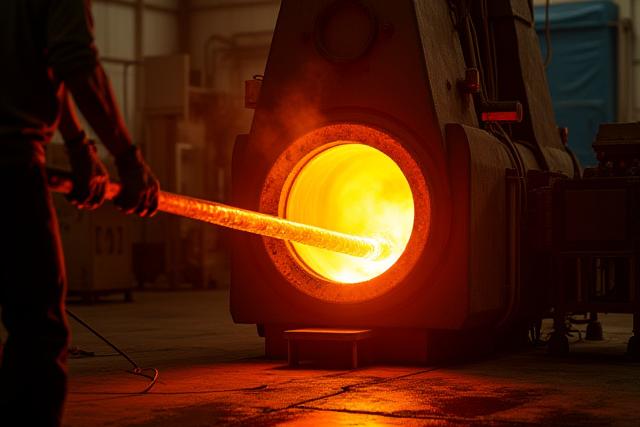 Ein warmer Glasbläserei-Ofen, aus dem glühendes Glas entnommen wird, mit reflektierendem Licht auf dem Boden