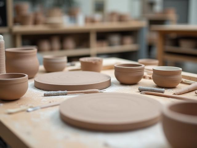Ein detailreicher Blick auf einen Keramik-Arbeitsplatz mit verschiedenen Tonwerkzeugen und halbfertiger Keramik auf einer Drehscheibe