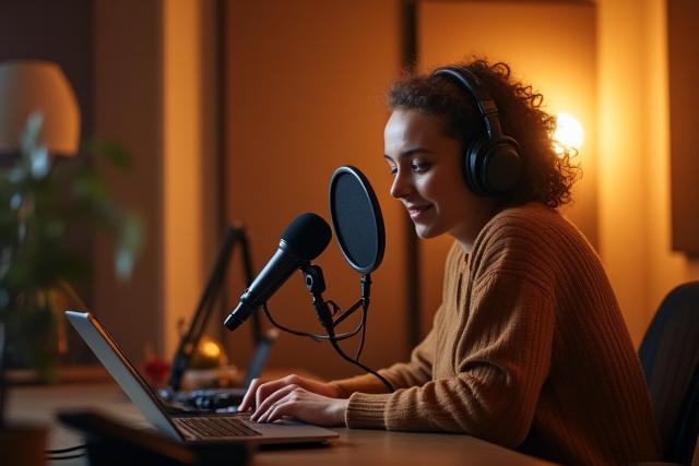 Eine gemütliche Podcast-Aufnahmeecke mit Mikrofonen, Kopfhörern und Schallschutzpaneelen, in einem warmen, kreativen Ambiente