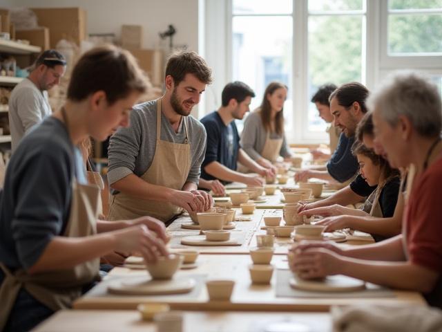 Eine Gruppe von Workshop-Teilnehmern, die unter Anweisung des Künstlers Keramik formen, in einem hellen und offenen Studio