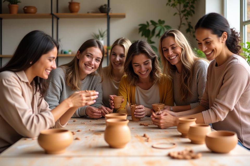 Eine lachende Gruppe von Teilnehmern bei einem Keramik-Workshop, vor ihren frisch geformten Tonstücken.