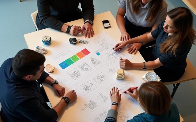 Ein Designer-Team bespricht Produktdesign-Konzepte an einem Tisch mit Skizzen, Alpenglas Studio.