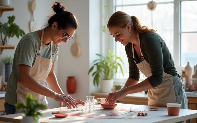 Zwei Künstler, die gemeinsam an einem komplexen Glaskunstwerk arbeiten, als Symbol für künstlerische Kollaboration im Alpenglas Studio.