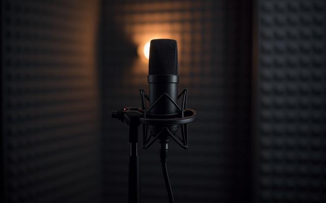 Ein Mikrofon in einem professionellen Aufnahmestudio, ideal für Podcast-Produktionen, im Alpenglas Studio.