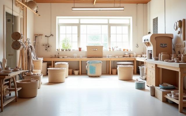 Blick in ein modernes Keramikwerkstatt-Studio mit Töpferscheiben und Werkzeugen, Alpenglas Studio.