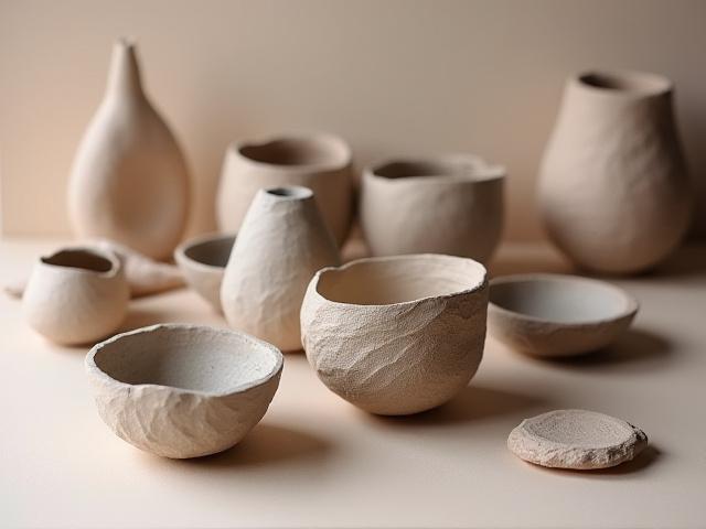 Handgeformte Keramikschalen mit komplexen Texturen, die in einem Workshop entstanden sind.