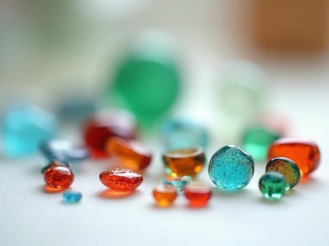 Kleine, handgefertigte Glasschmuckstücke in verschiedenen Farben und Formen, hergestellt mittels Fusing-Technik.