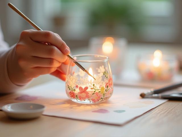 Filigrane Glasmalerei von floralen Mustern auf einem Teelichthalter.