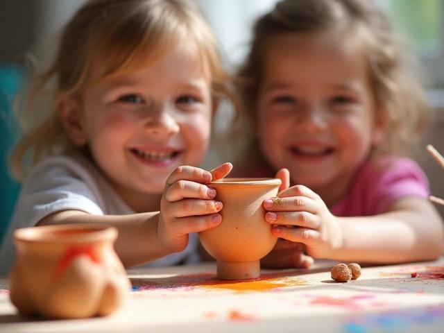 Glückliche Kinderhände bemalen einen unfertigen Keramikbecher in einem hellen, freundlichen Workshop-Raum.