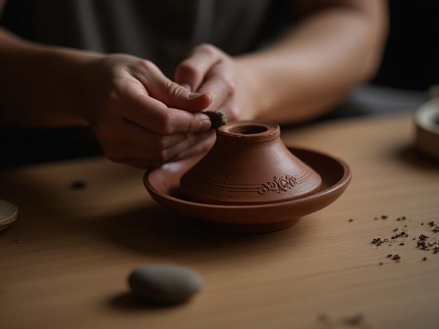 Künstlerhand formt Ton zu einem kunstvollen Räuchergefäß, mit spirituellen Motiven.