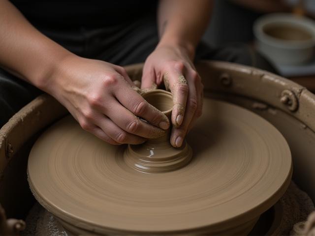 Hände drehen Ton auf einer Töpferscheibe, mit Fokus auf die Formgebung.